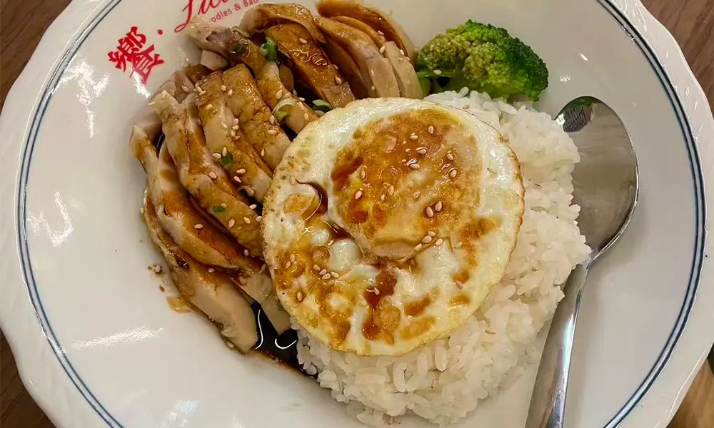 Sliced chicken, fried egg & rice with sesame at Licious Noodles & Bao, a Chinese Dumpling Restaurant in Rockledge